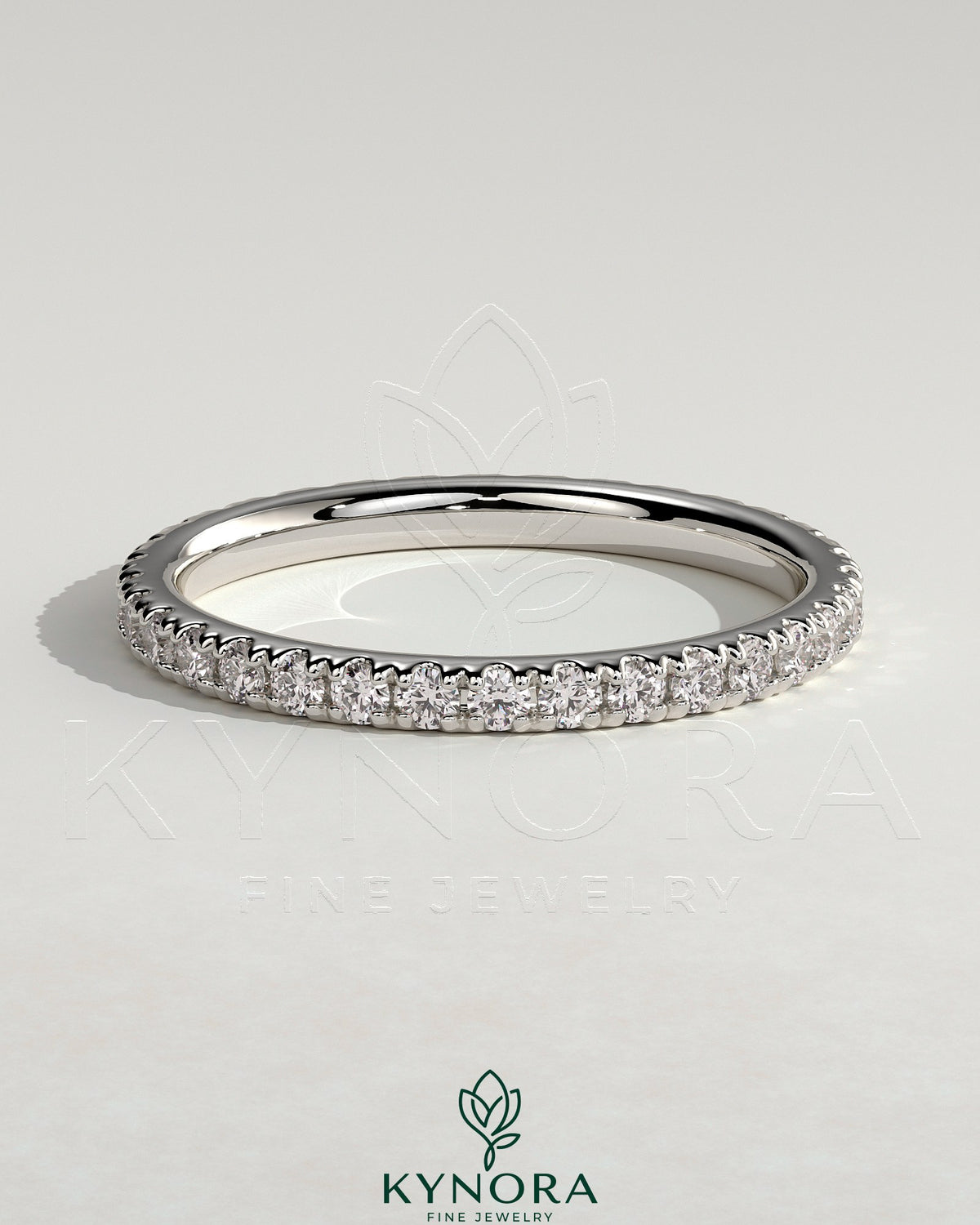 Kynora CJ classic full pave band wedding ring with sparkling diamonds, showcasing a sleek and elegant design.