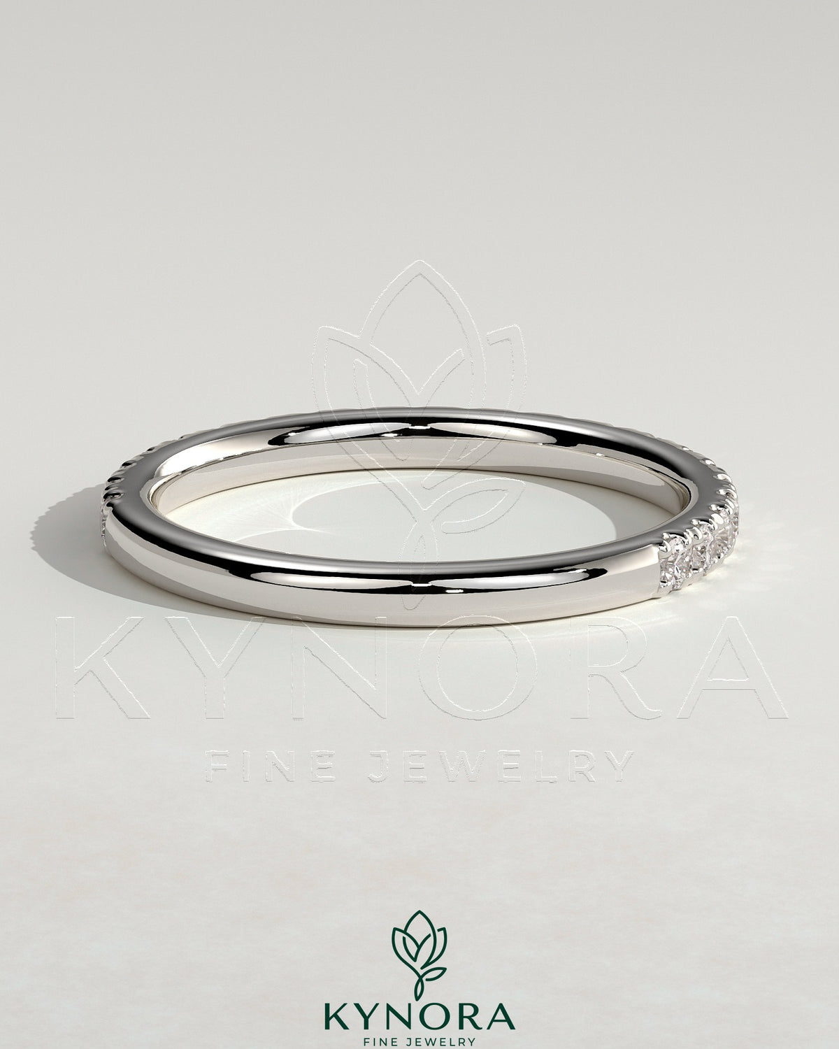 Kynora CJ classic two-third pave wedding band ring with sparkling diamonds, elegant and timeless jewelry for special occasions