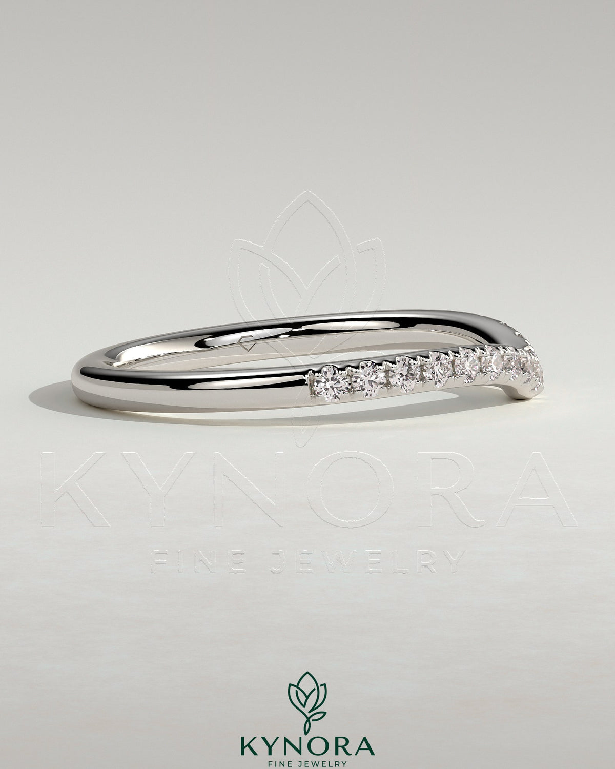 Kynora CJ dipped half pave curved wedding band ring with pave accents, elegant jewelry for special occasions.