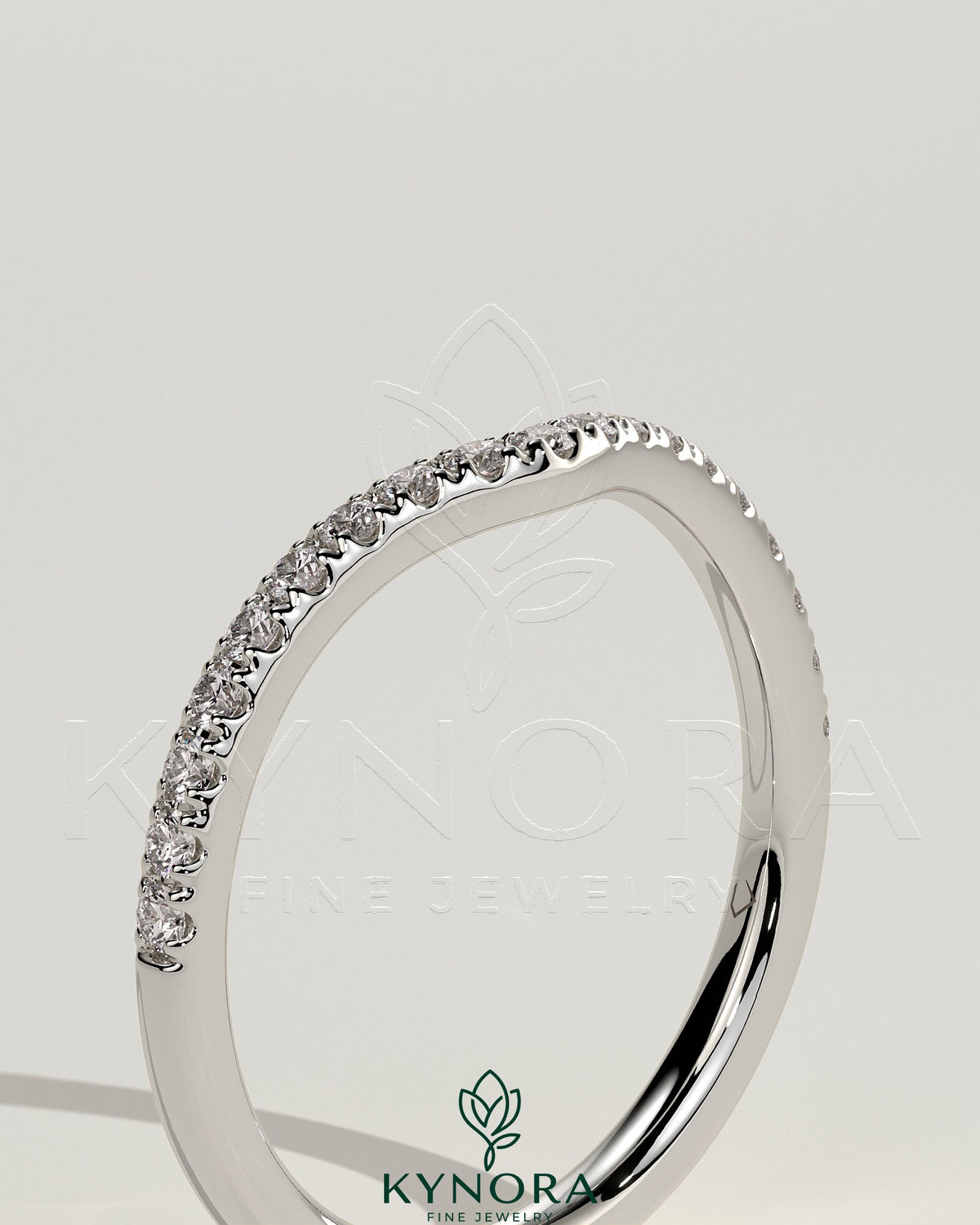 Kynora CJ dipped half pave curved wedding band with small sparkling stones, elegant and stylish jewelry for special occasions
