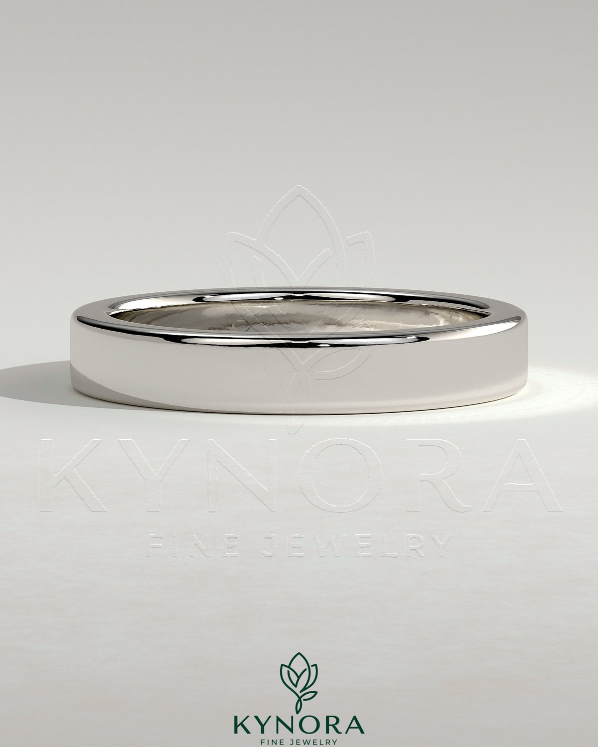 Kynora CJ flat cigar band wedding ring made of polished metal, simple and elegant design for wedding jewelry.