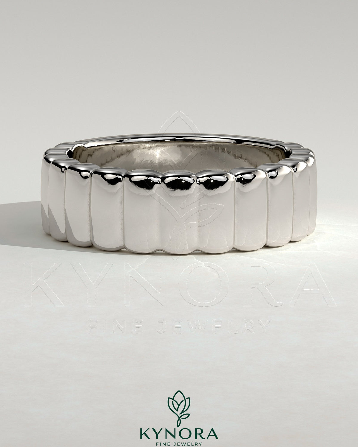 Kynora CJ fluted wedding band, elegant gold wedding ring with a textured fluted design, suitable for special occasions and daily wear.