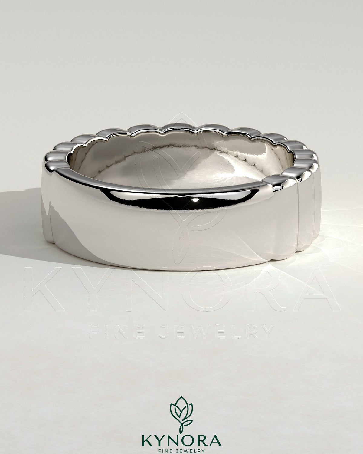 Kynora CJ fluted wedding band featuring a classic cigar style in polished metal, ideal for wedding or anniversary jewelry