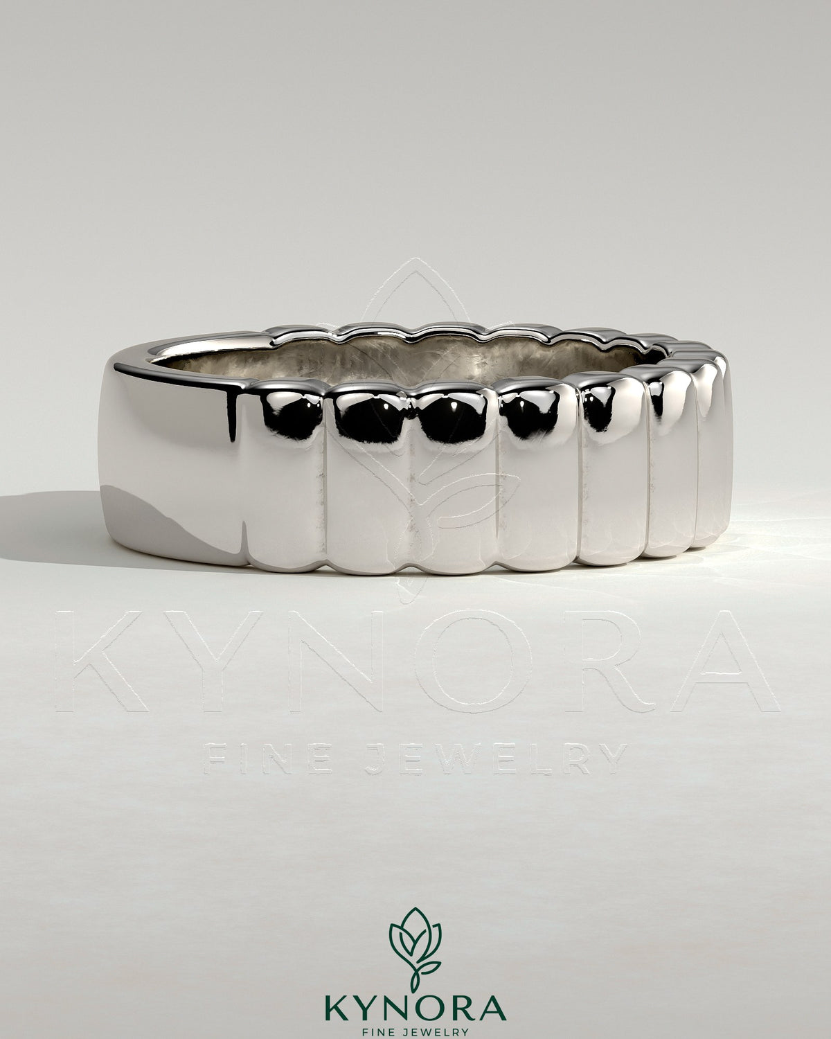 Kynora CJ fluted wedding band with a textured cigar-style design, crafted for elegant wedding or anniversary jewelry.