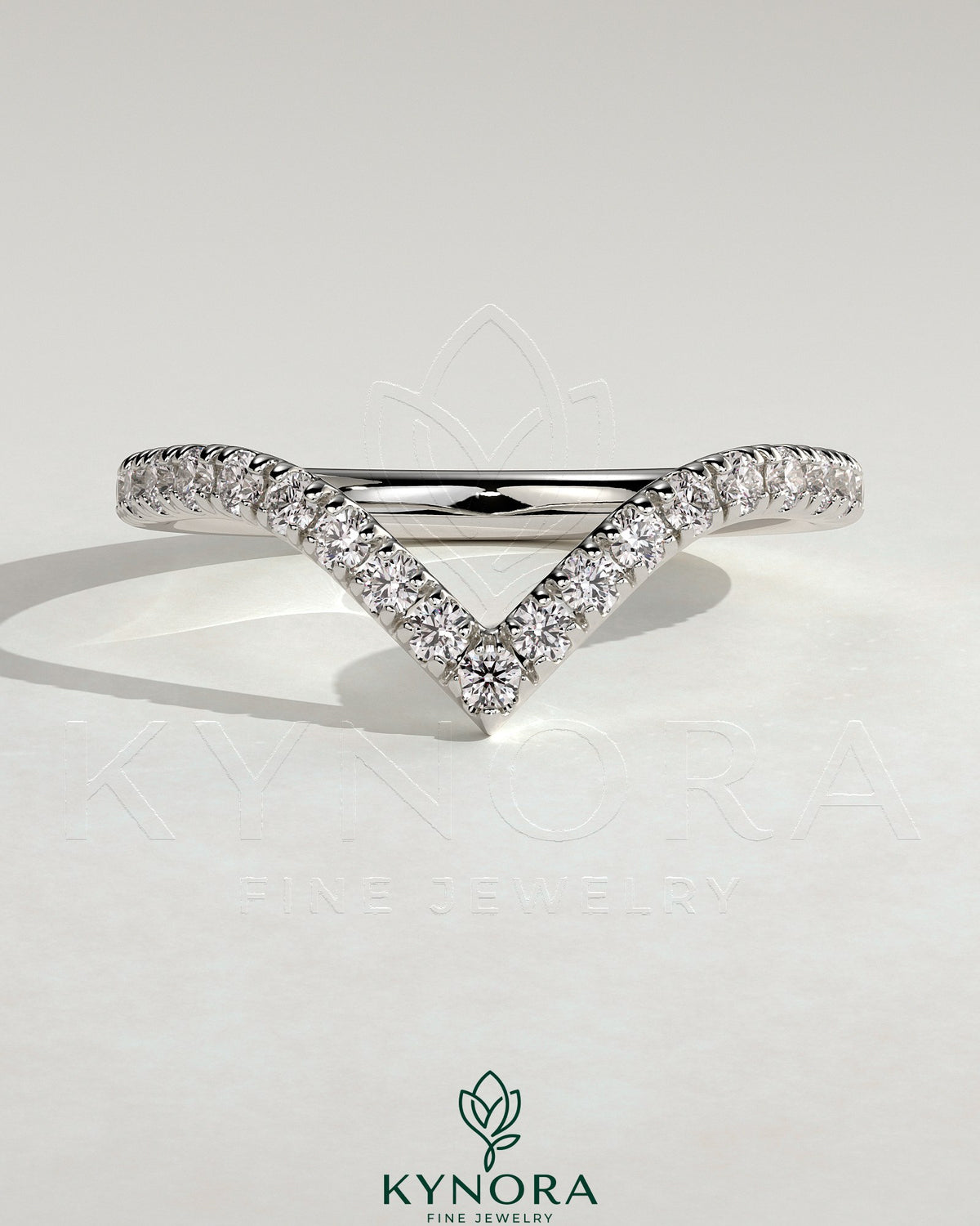 Kynora CJ Half Pave Deep V Band Wedding Ring with sparkling pave details, crafted in elegant wedding band style.