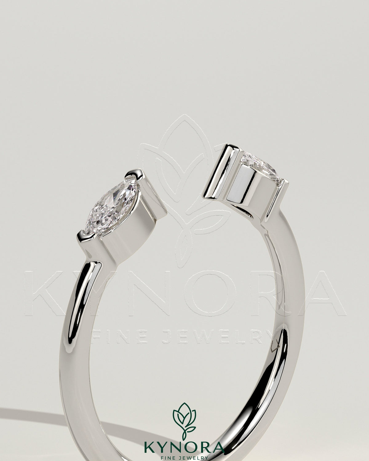 Kynora CJ Marquise accent stone open band wedding ring with elegant marquise-shaped stones and sleek metal band.