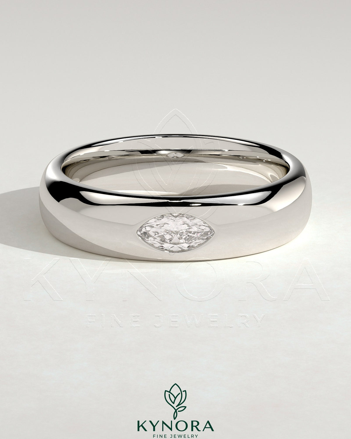 Kynora CJ Marquise Hammer Set wedding band with marquise-shaped design and cigar band style in silver metal. Imagen principal del producto