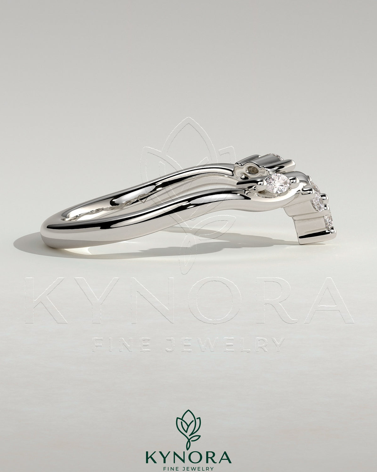 Kynora CJ wedding band with marquise and round accent stones and vine design, elegant gold wedding ring for special occasions.