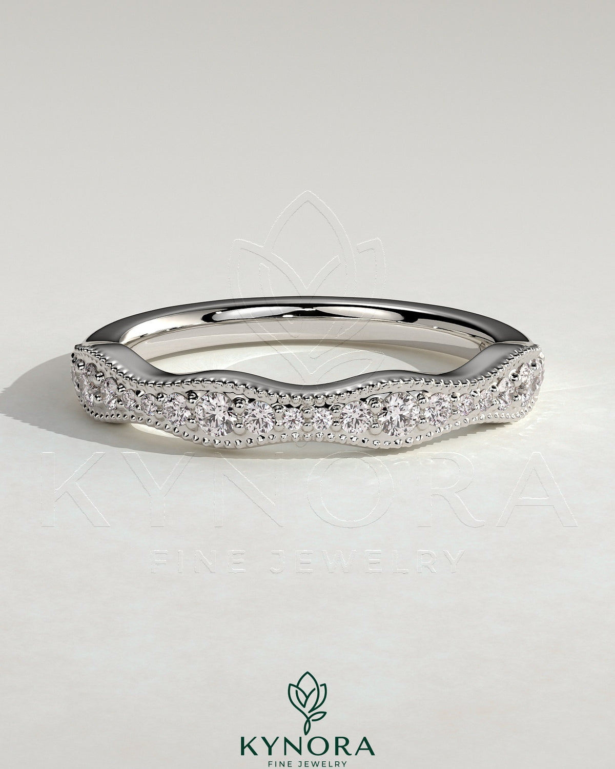 Mixed size pave band wedding ring with milgrain detailing by Kynora CJ, showcasing intricate diamond setting and vintage-inspired design.