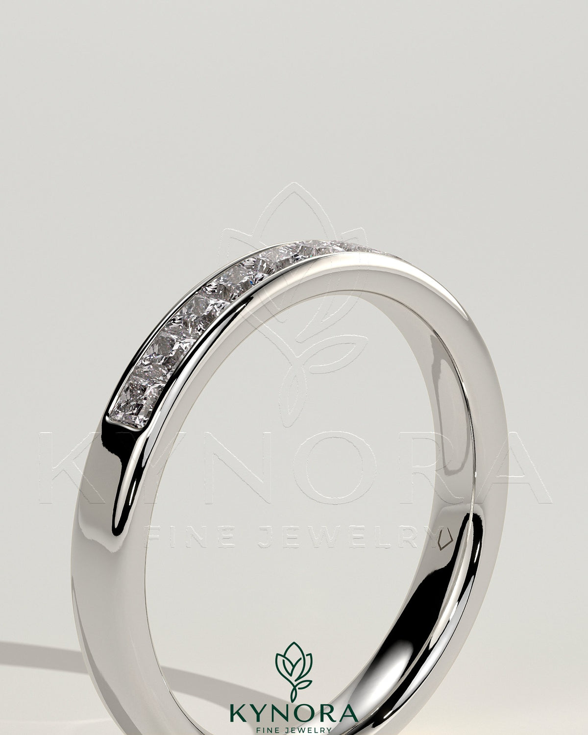 Kynora CJ Princess Princess channel set wedding ring with sparkling gemstones, elegant wedding band for special occasions.