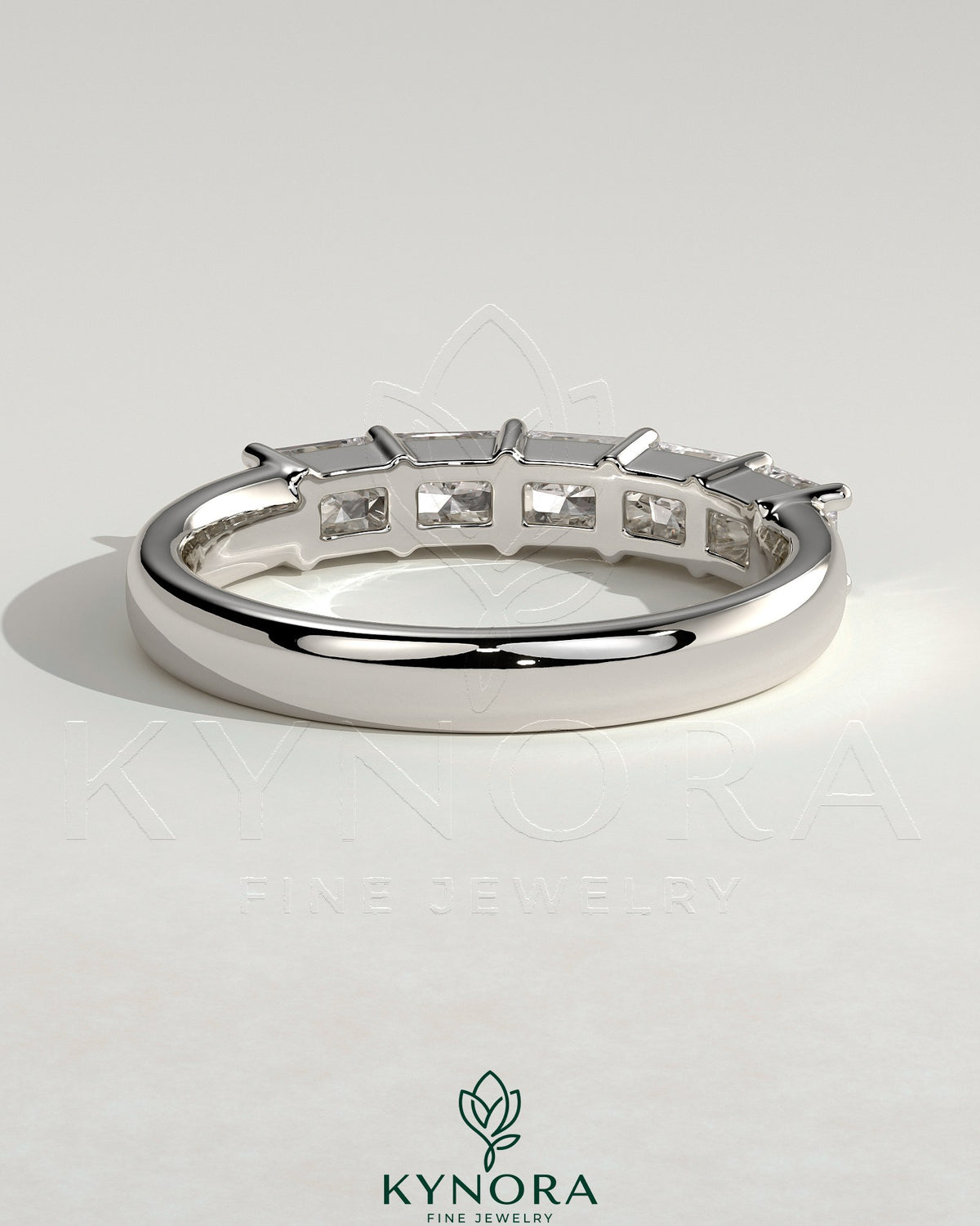 Kynora CJ Radiant East West Accent Stone wedding band with closed basket setting, showcasing sparkling accent stones and elegant design.