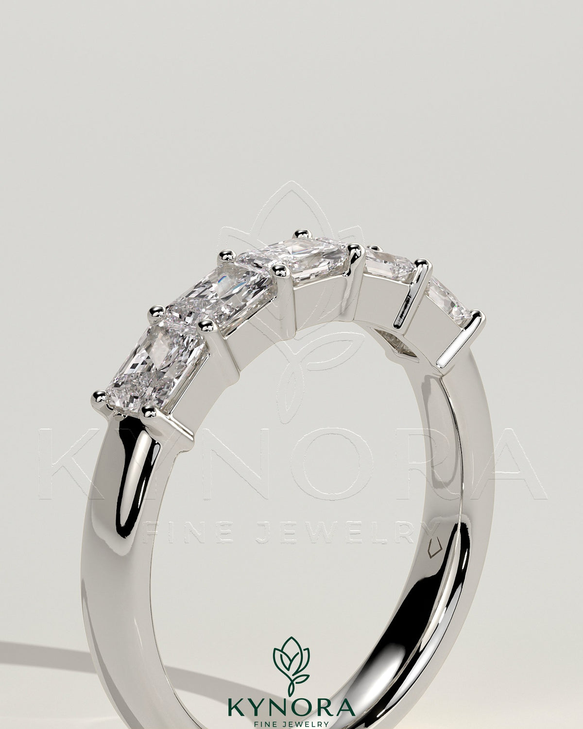 Kynora CJ Radiant East West Accent Stone wedding band with closed basket setting, showcasing sparkling gemstones and elegant design.