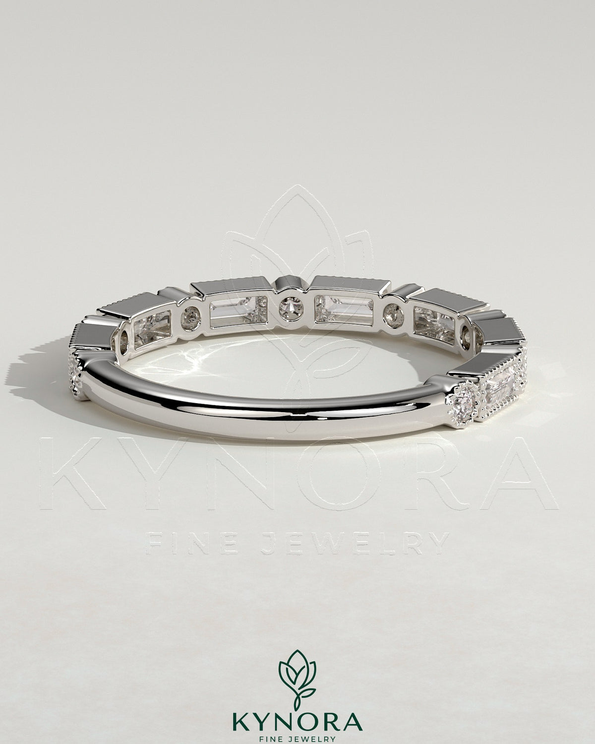 Kynora CJ round baguette wedding band with accent stones and milgrain detailing, elegant wedding ring for special occasions.