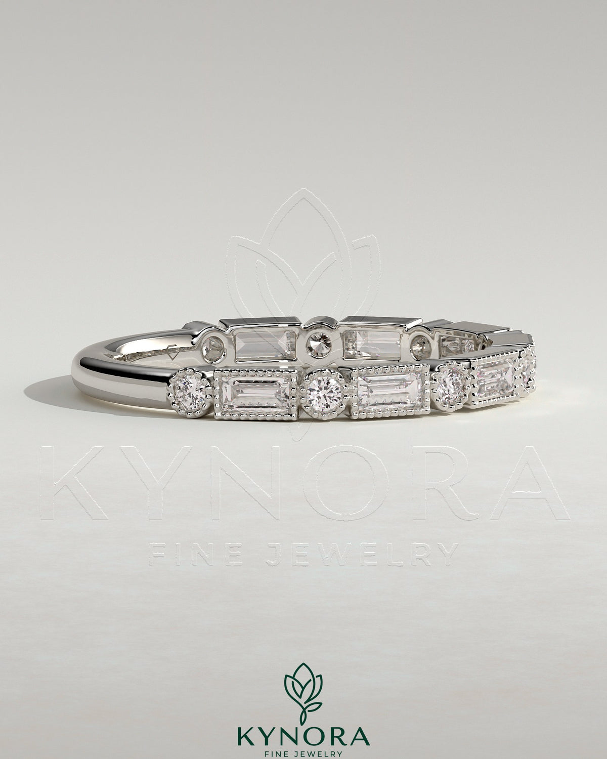 Kynora CJ round wedding band with baguette accent stones and milgrain details, elegant gold ring for special occasions