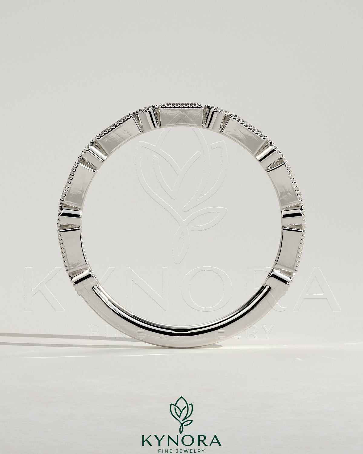 Round Baguette accent stones wedding band by Kynora CJ featuring milgrain detailing and a sleek, elegant design.