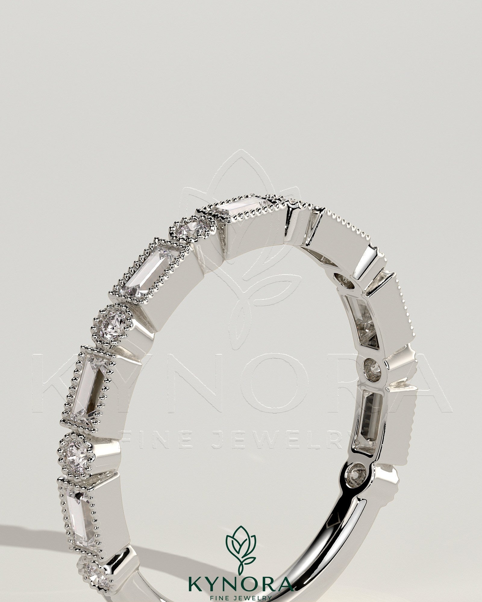 Round Baguette Round Baguette Accent Stones with Milgrain Wedding Ring Imagen secundaria del producto