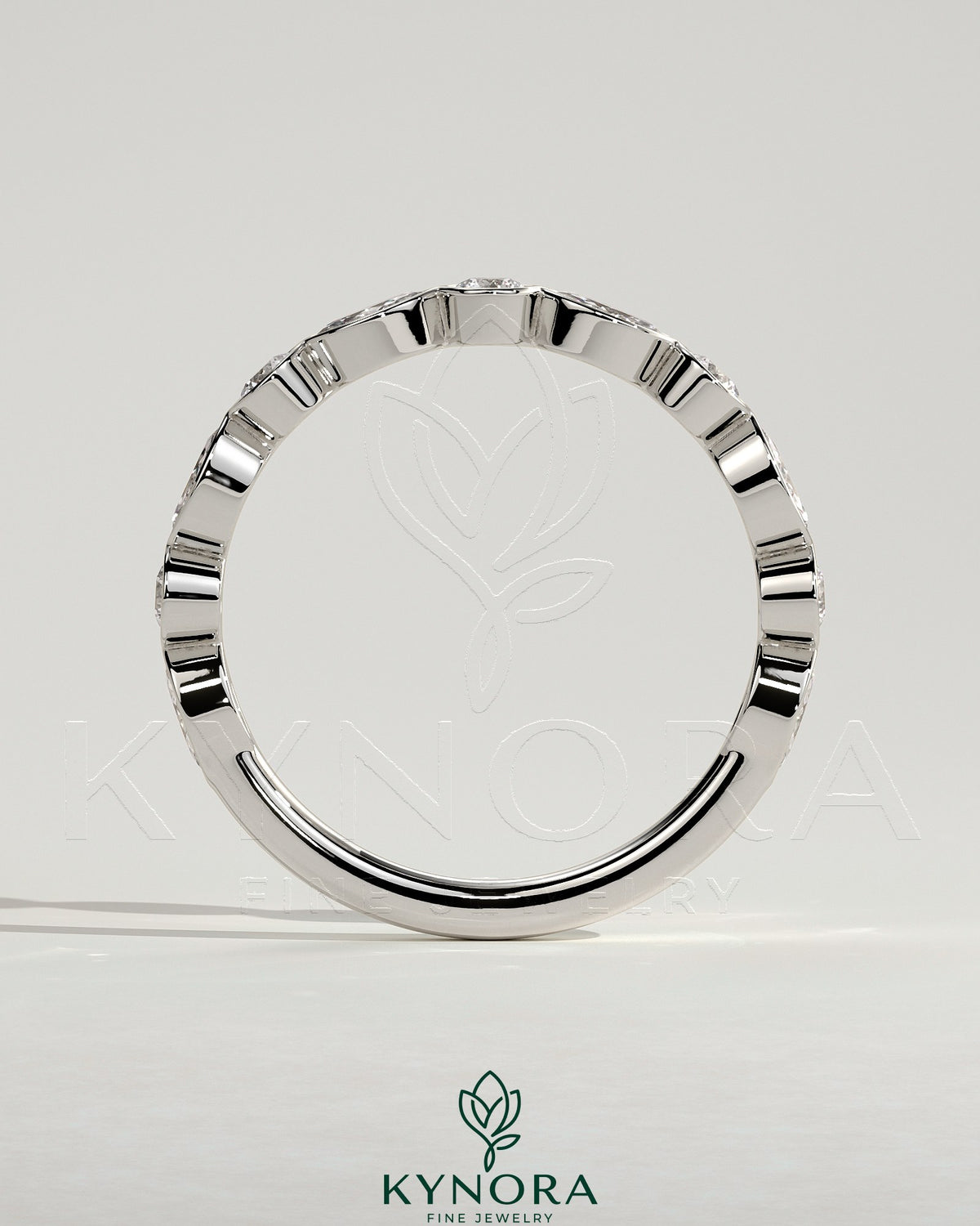 Kynora CJ round marquise bezel set wedding band with elegant marquise-shaped gemstones, crafted in sterling silver.