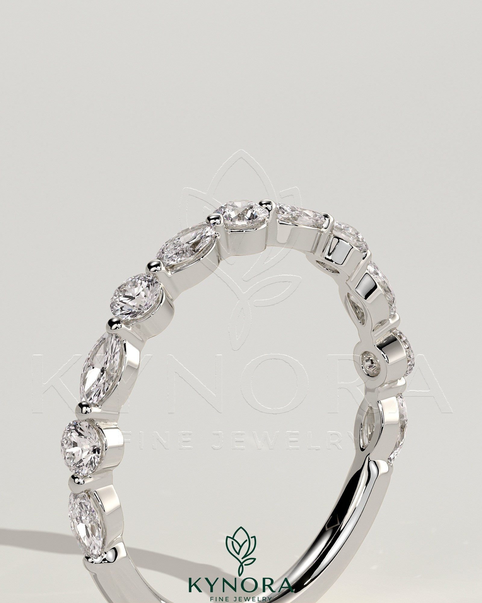 Round Marquise Round Marquise Shared Prong Accent Stone Wedding Ring Imagen secundaria del producto
