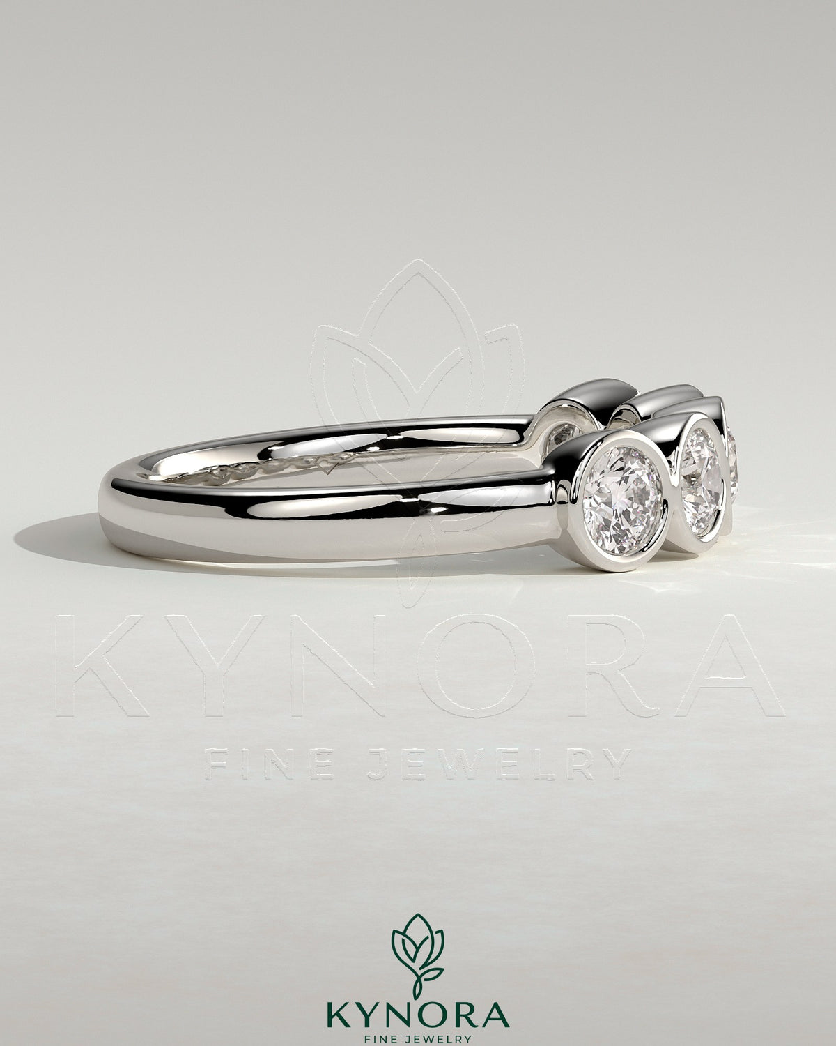 Kynora CJ round bezel set wedding ring with a sleek band and sparkling central gemstone, elegant wedding band for special occasions