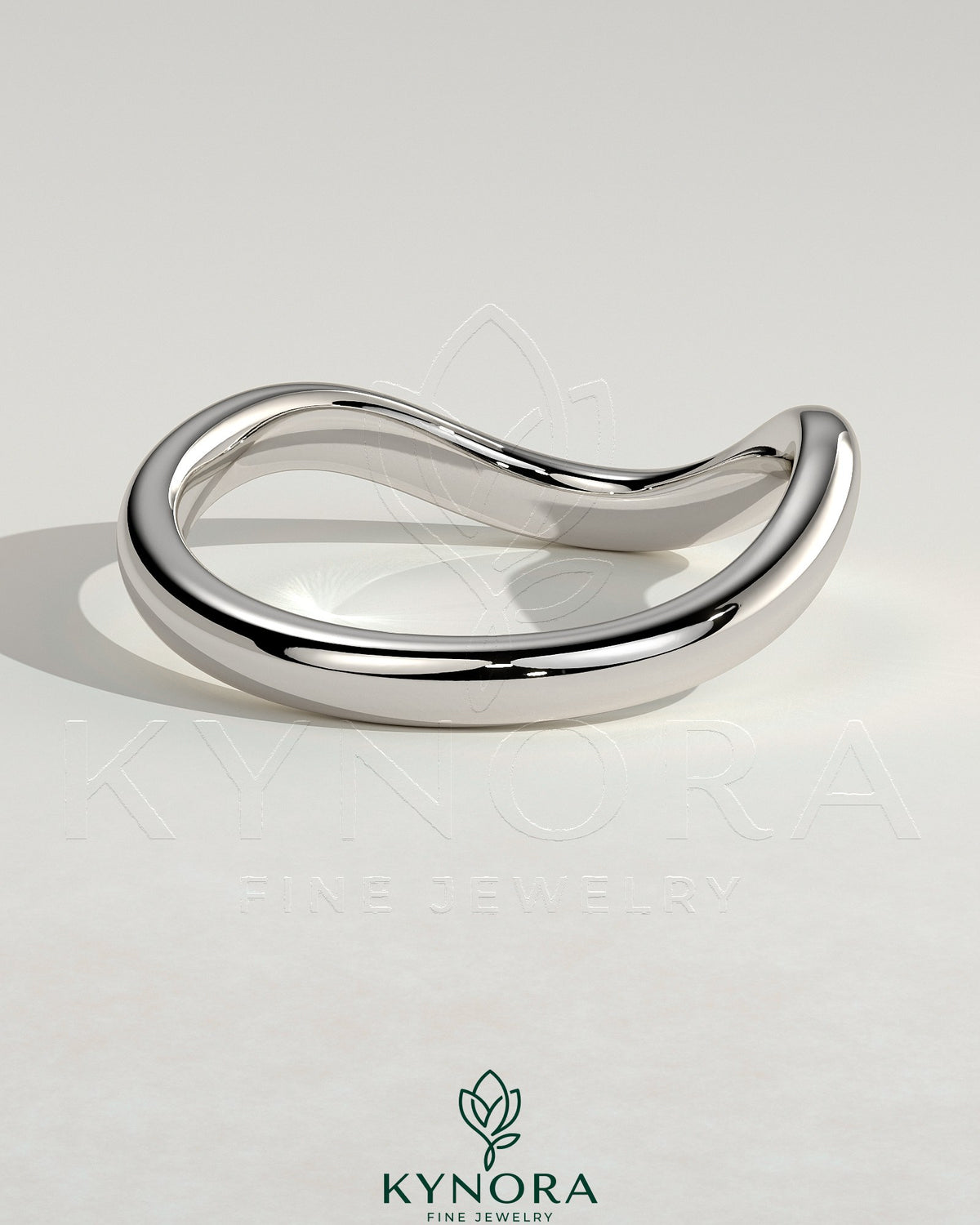 Kynora CJ Wave Band Wedding Ring with sleek, polished design, perfect for wedding jewelry, showcasing elegant craftsmanship.