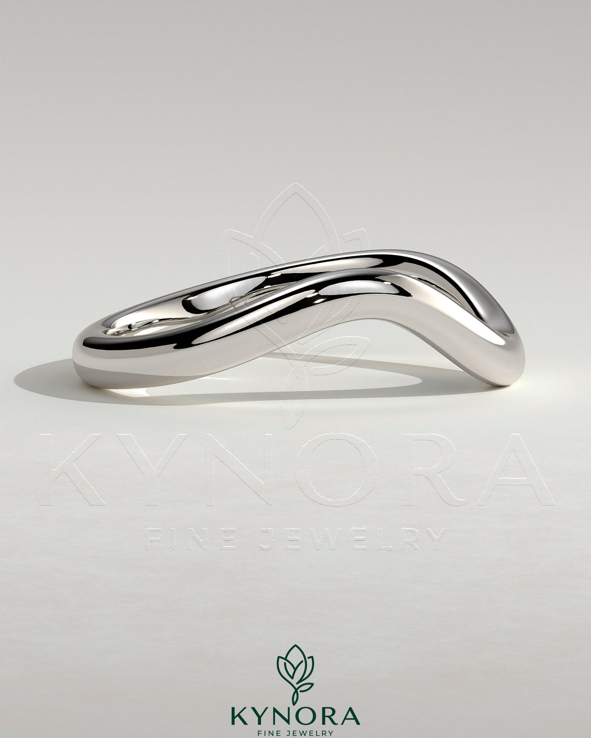 Kynora CJ Wave Band wedding ring with sleek, polished silver finish, simple and elegant design for special occasions.
