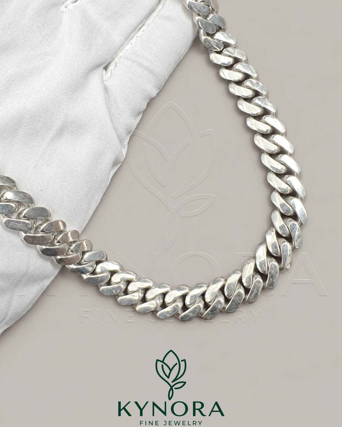 10 mm plain Cuban link chain necklace in 10K white gold, hip-hop style by Kynora Jewels.