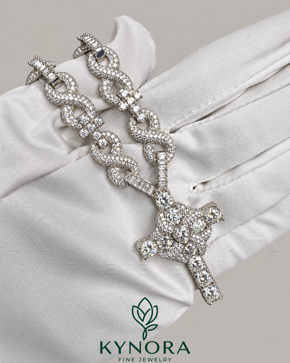 Sterling silver Cuban link chain and pendant set with 10mm VVS moissanite diamonds, hiphop jewelry style by Kynora Jewels.