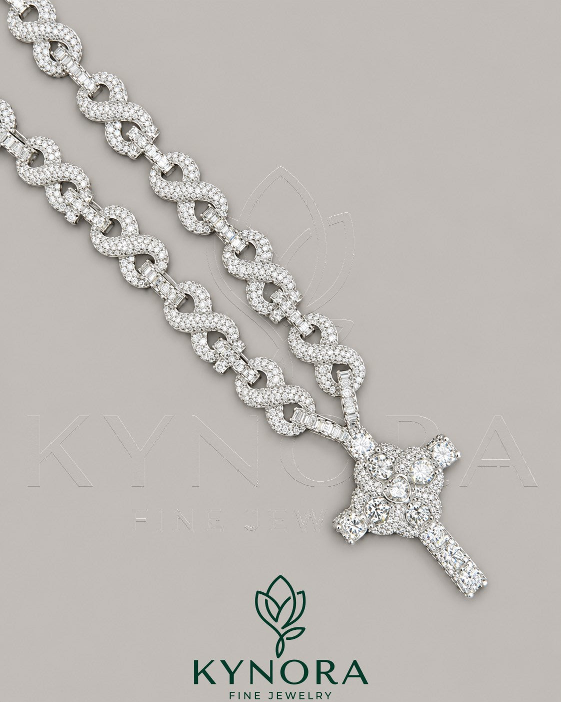 Kynora Jewels 18-inch sterling silver Cuban link chain with VVS moissanite diamond pendant featuring 10mm moissanite stones.