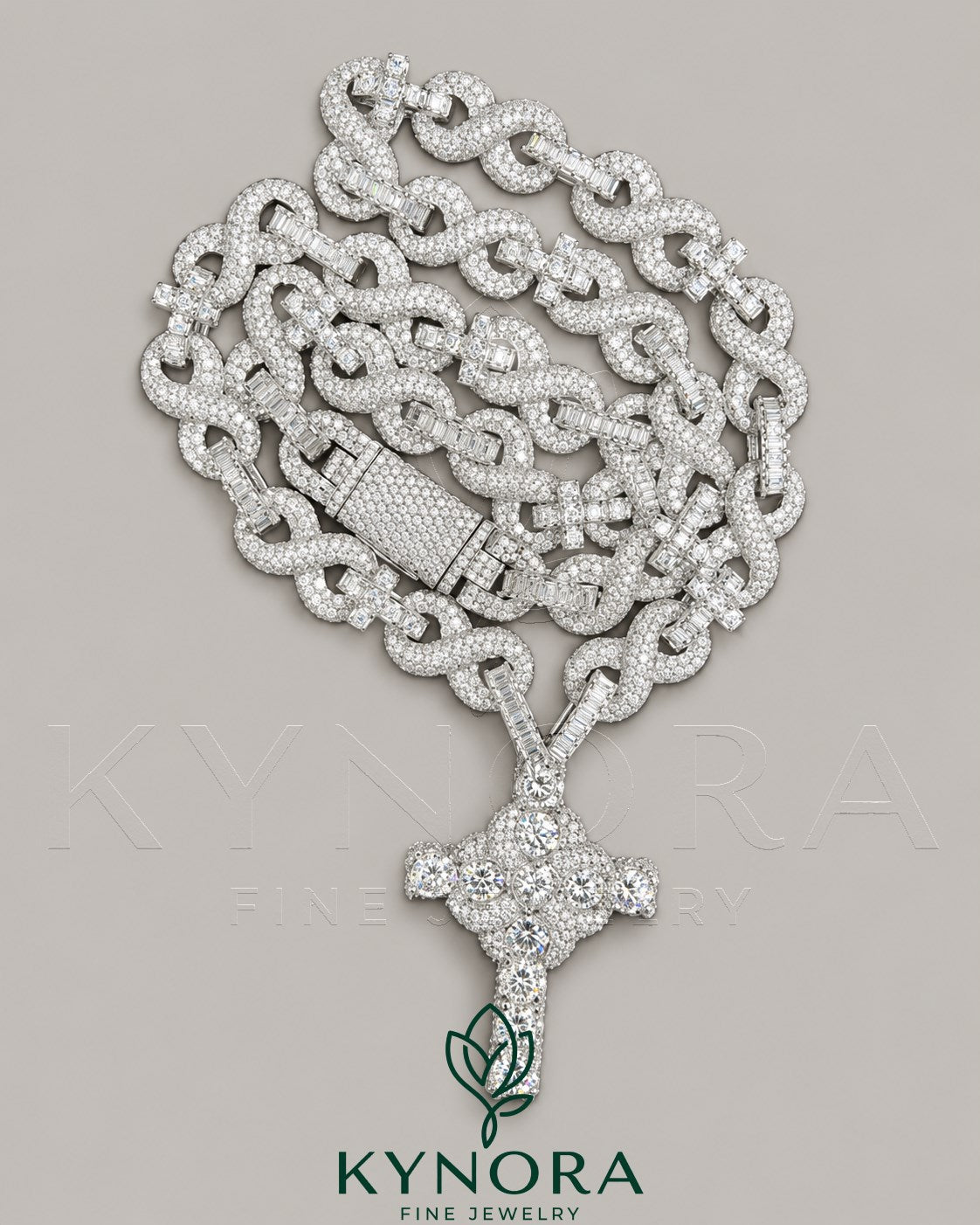 Kynora Jewels 10mm VVS Moissanite diamond Cuban link chain and pendant set in 925 sterling silver, hip hop jewelry style