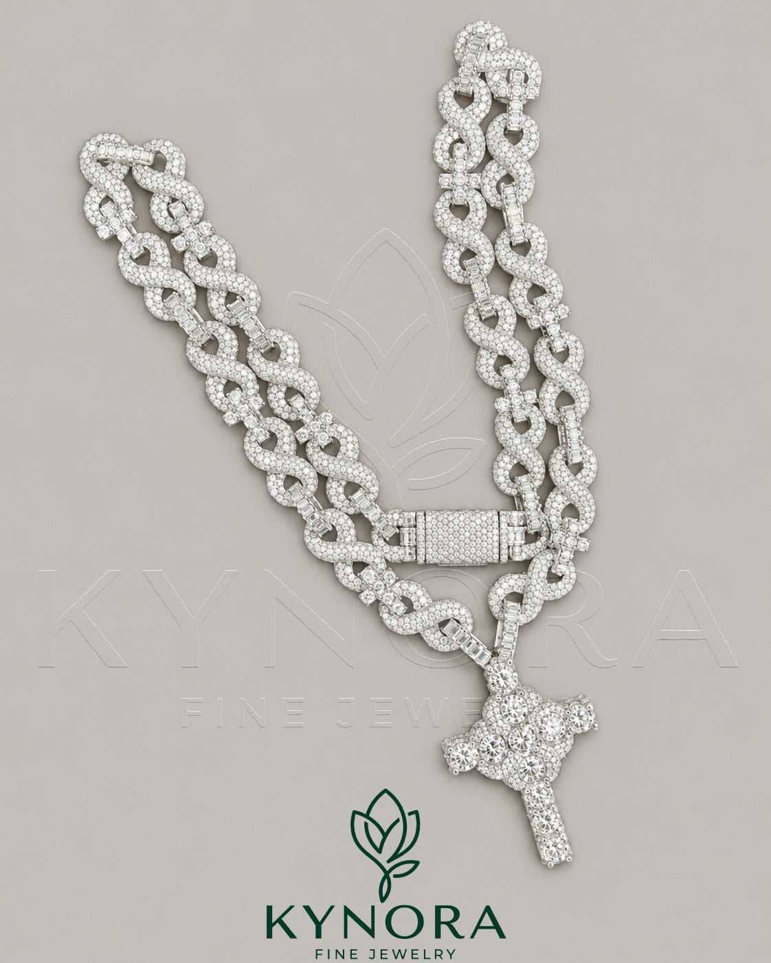 Sterling silver Cuban link chain and pendant set with 10mm VVS moissanite diamonds, hiphop style jewelry by Kynora Jewels.