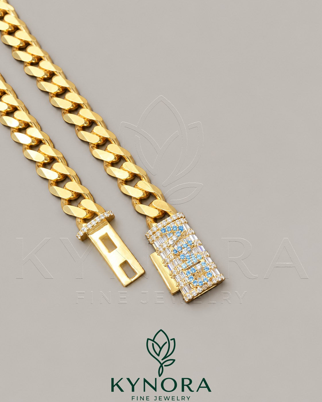 10mm customized Moissanite Miami Cuban chain by Kynora Jewels, 18-inch 925 sterling silver hip-hop chain with plain design.