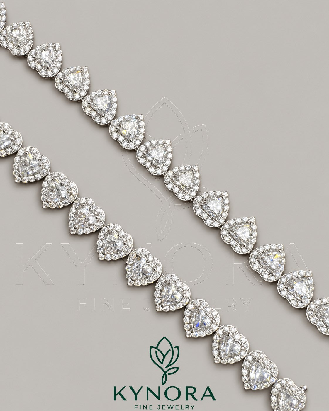 Kynora Jewels 10mm moissanite diamond heart-shaped silver tennis link chain, hip-hop style jewelry, shiny and detailed.
