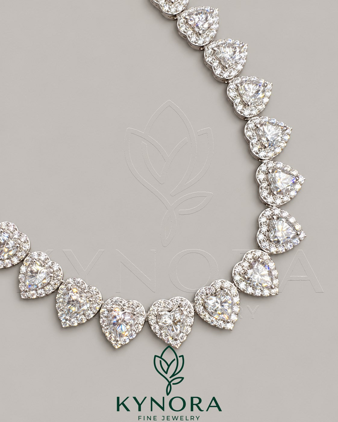 Heart-shaped moissanite diamond 10mm tennis link chain by Kynora Jewels, silver hip-hop chain with sparkling stones.