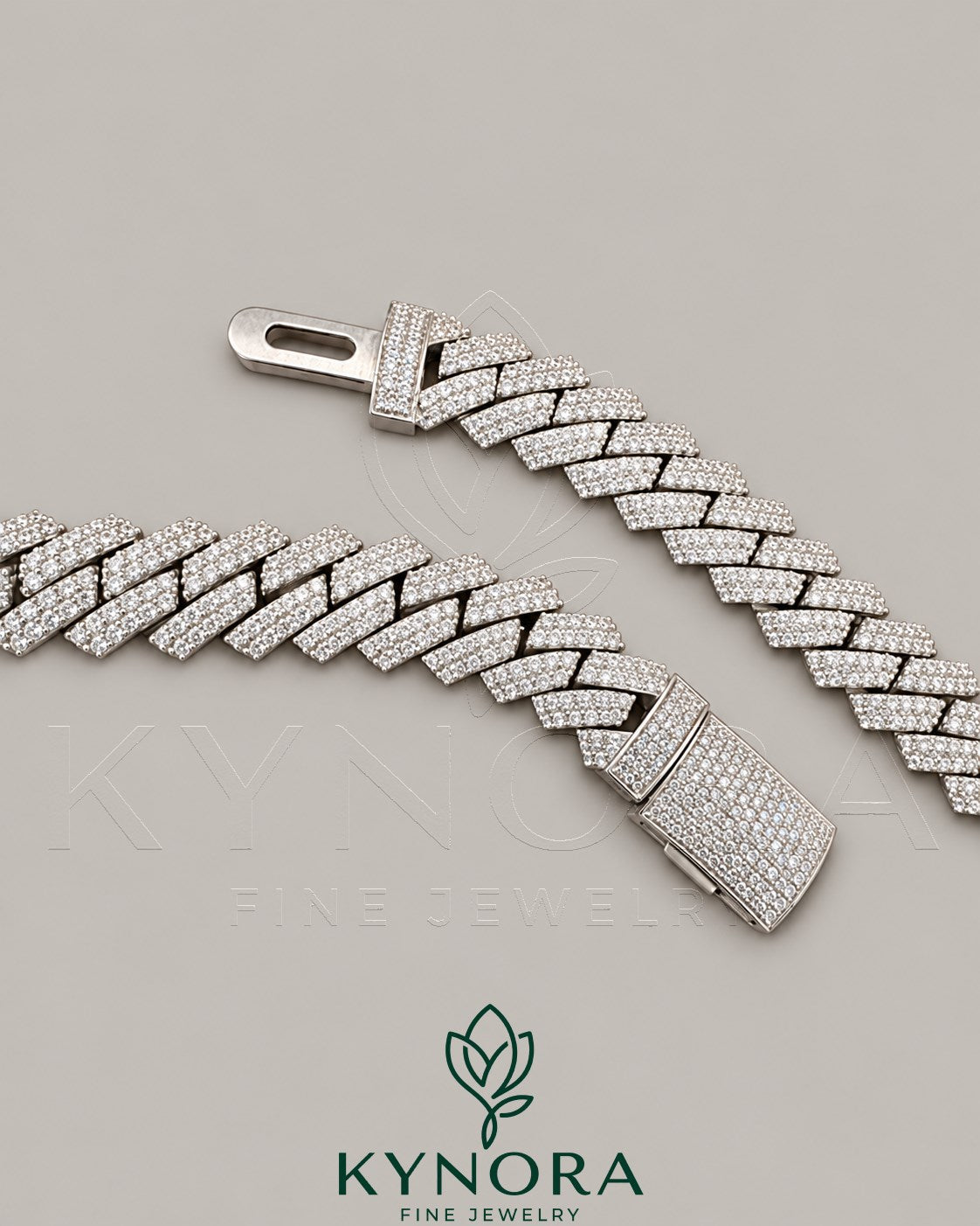Sterling silver Cuban link chain with 10mm VVS moissanite stones, hip-hop jewelry style by Kynora Jewels