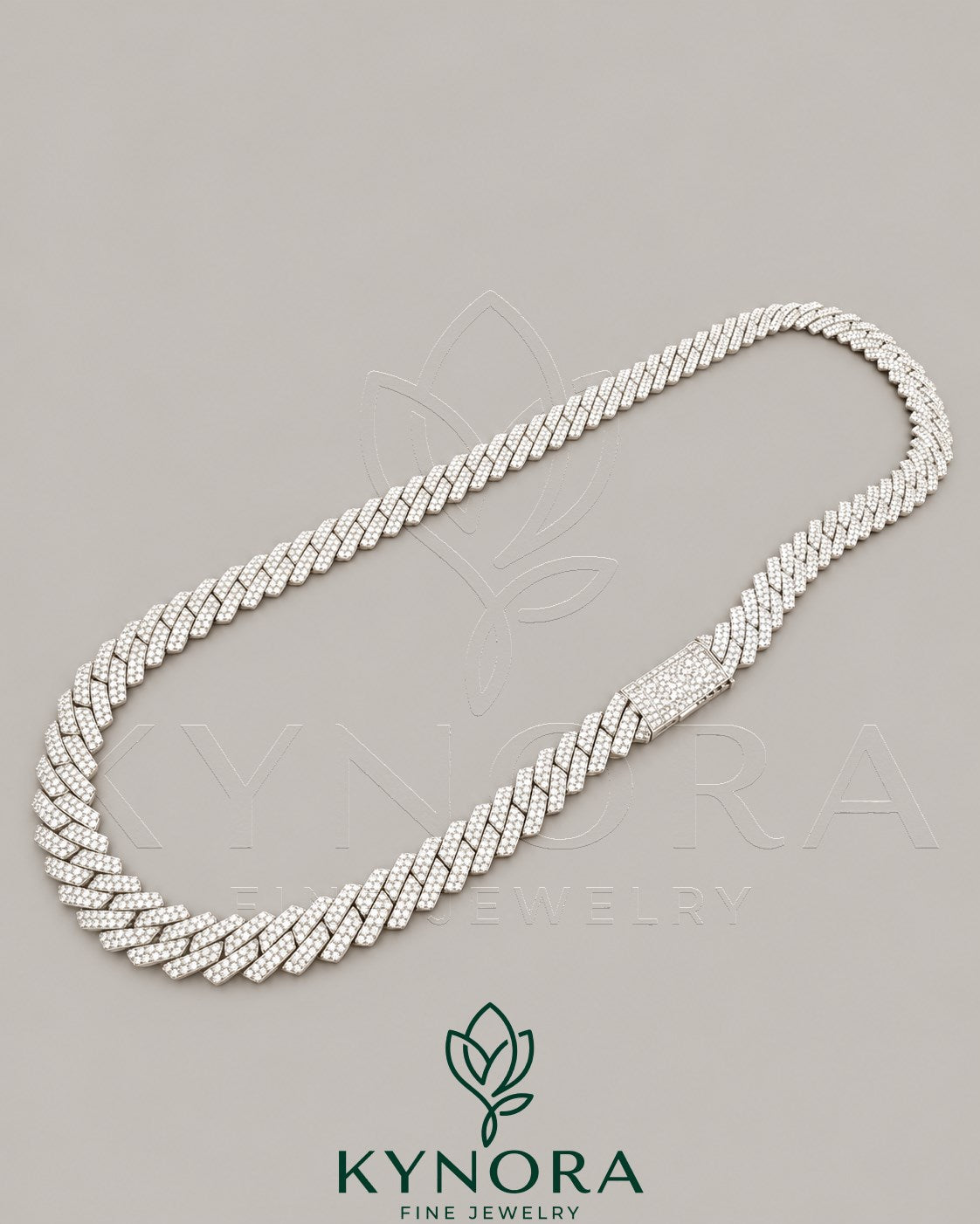 Sterling silver 10mm VVS moissanite Cuban link chain from Kynora Jewels, showcasing a shiny, bold hip-hop jewelry style.