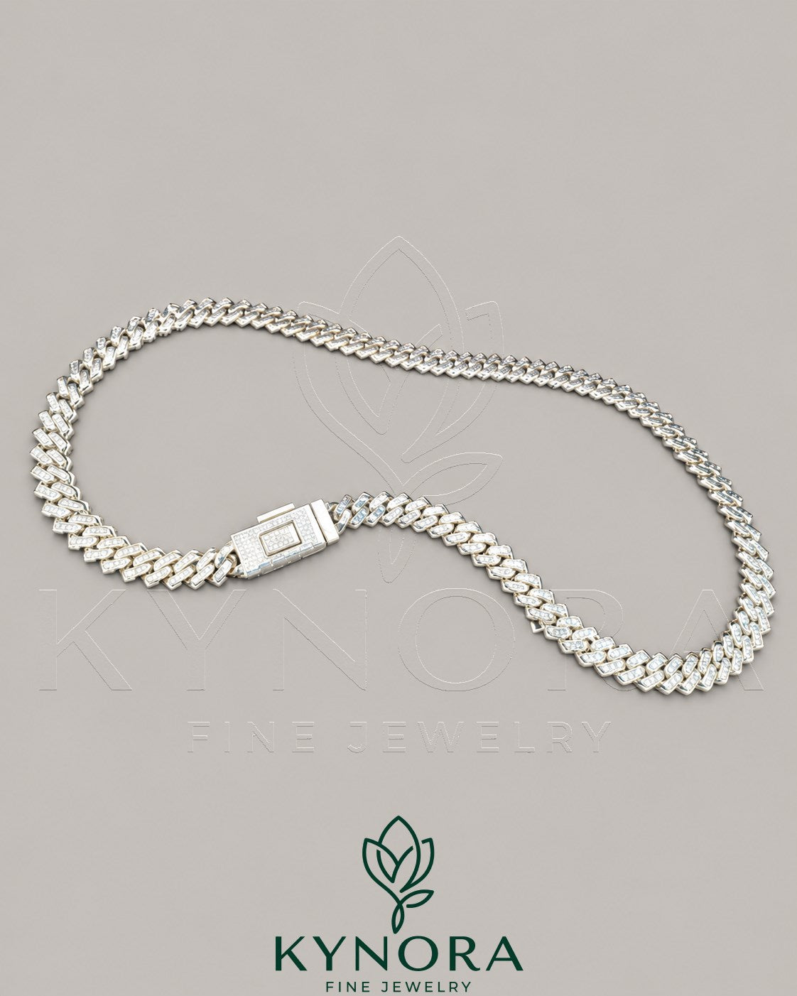 Sterling silver Cuban link chain with 10mm VVS moissanite stones, stylish hip-hop jewelry from Kynora Jewels
