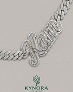 Sterling silver Cuban link chain with 10mm VVS moissanite diamonds and customized name pendant, hip-hop jewelry by Kynora Jewels