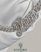 Sterling silver Cuban link chain with 10mm VVS moissanite diamond and custom name pendant, hip-hop jewelry by Kynora Jewels