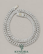 Kynora Jewels 18-inch sterling silver Miami Cuban link chain with 10mm VVS moissanite diamonds, custom lock, hiphop style jewelry.