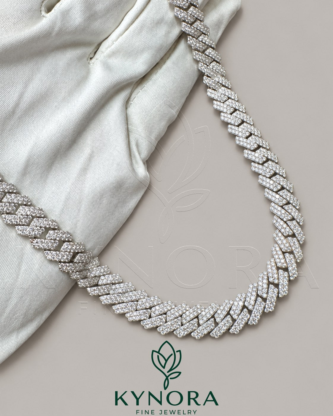 Kynora Jewels 18-inch sterling silver Miami Cuban link chain with 10mm VVS moissanite diamond custom lock, hiphop style jewelry.