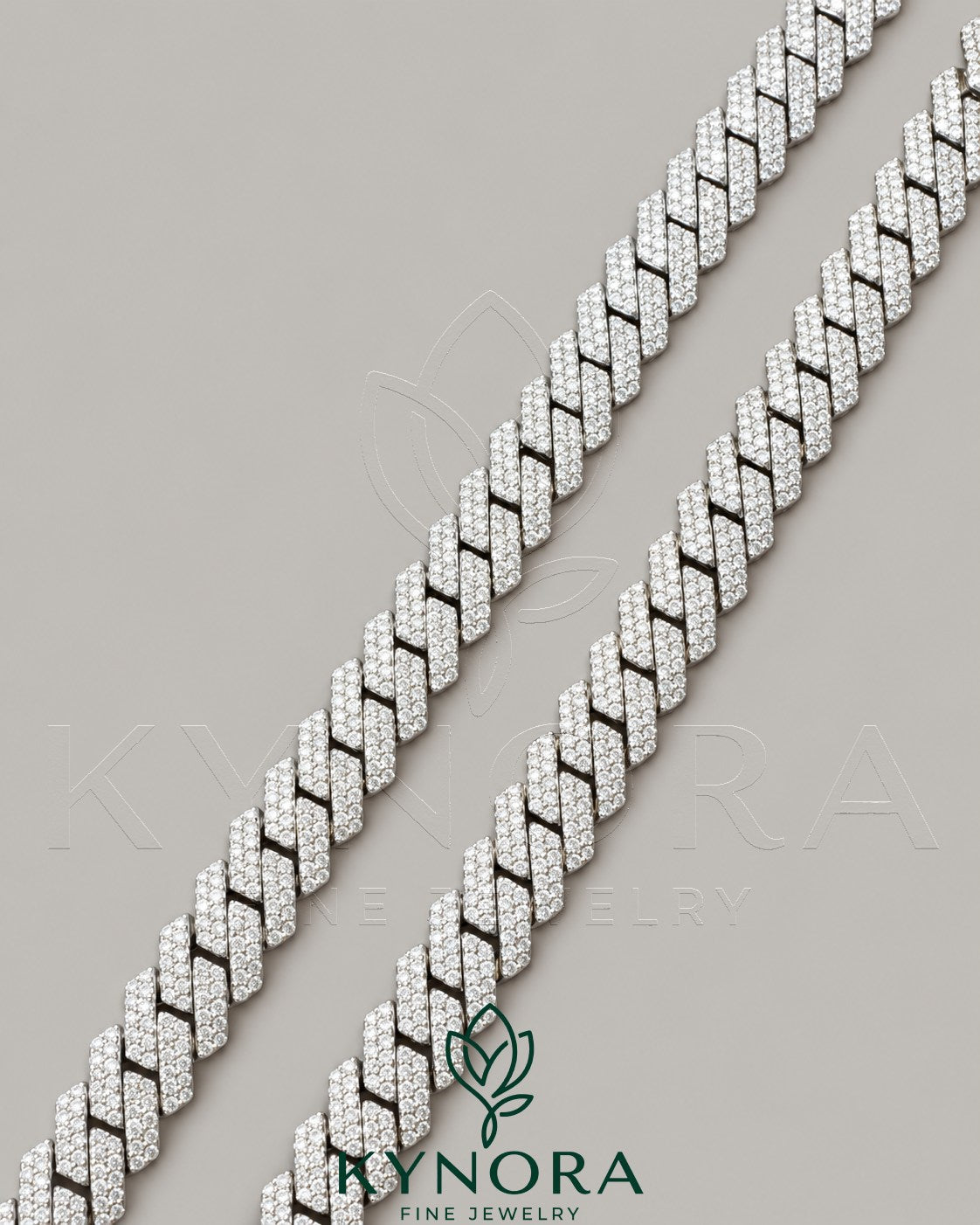 Kynora Jewels 18-inch sterling silver Miami Cuban link chain with 10mm VVS moissanite diamonds and custom lock closure.