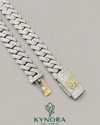 Kynora Jewels 18-inch sterling silver Miami Cuban link chain with 10mm VVS moissanite diamond accents, custom lock hip-hop jewelry