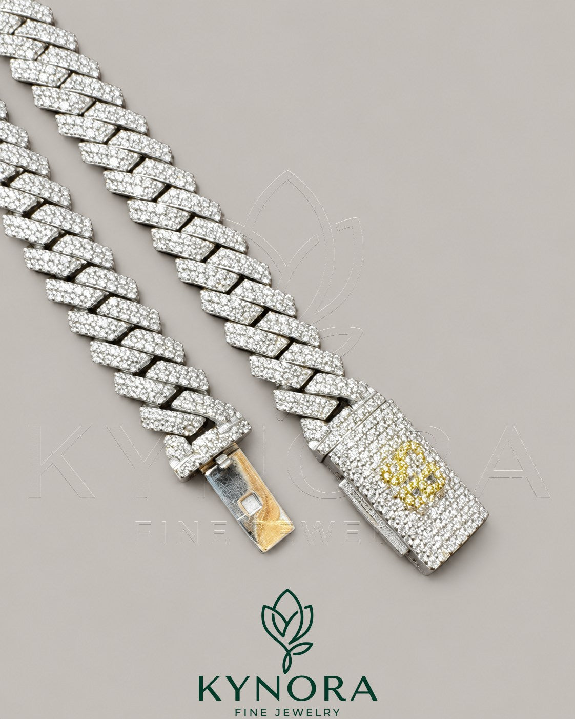 Kynora Jewels 18-inch sterling silver Miami Cuban link chain with 10mm VVS moissanite diamond accents, custom lock hip-hop jewelry