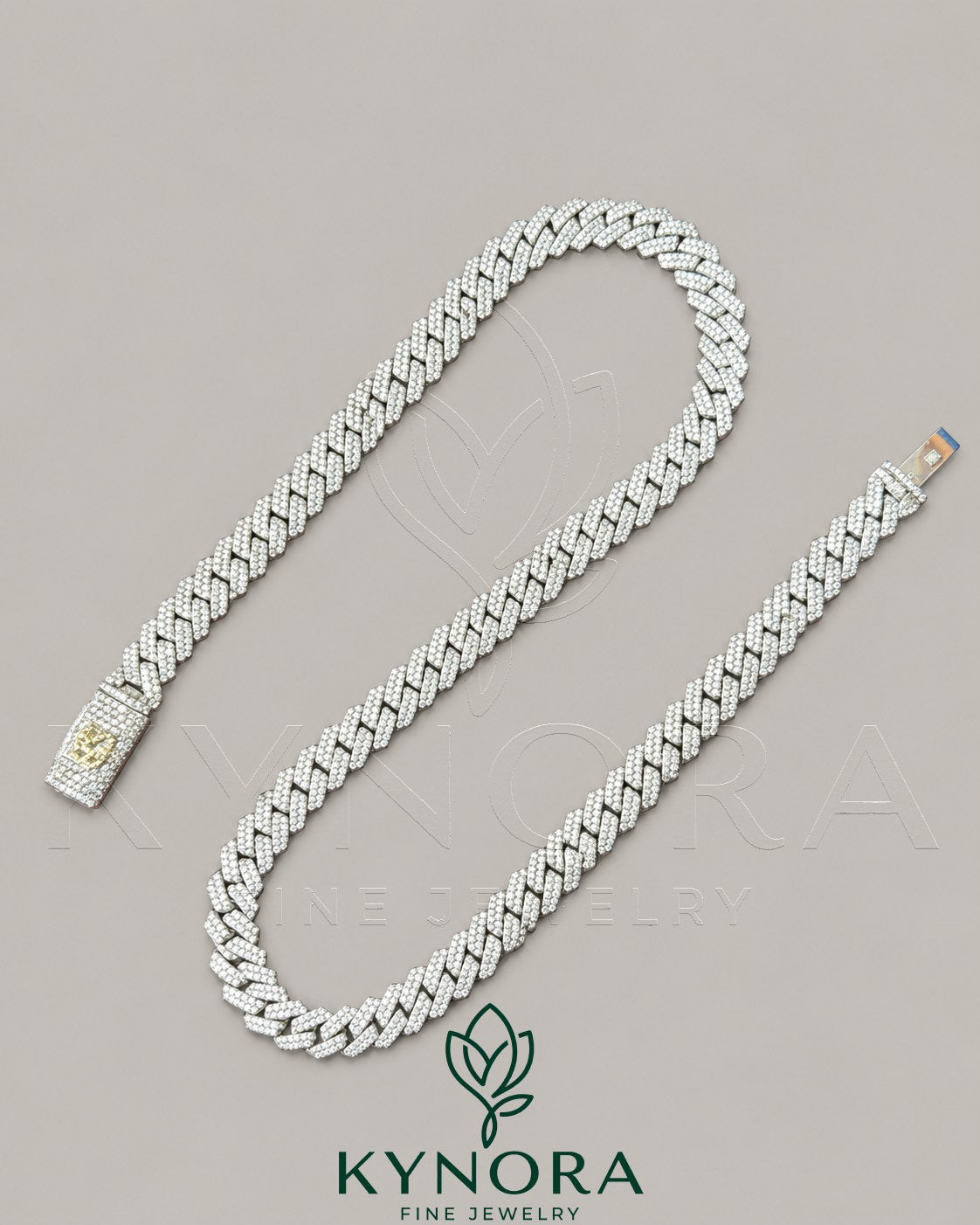 Kynora Jewels 18-inch sterling silver Miami Cuban link chain with 10mm VVS moissanite diamonds, custom lock, hip hop style jewelry.