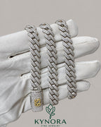 Kynora Jewels 18-inch sterling silver Miami Cuban link chain with 10mm VVS Moissanite diamond accents, custom lock style.