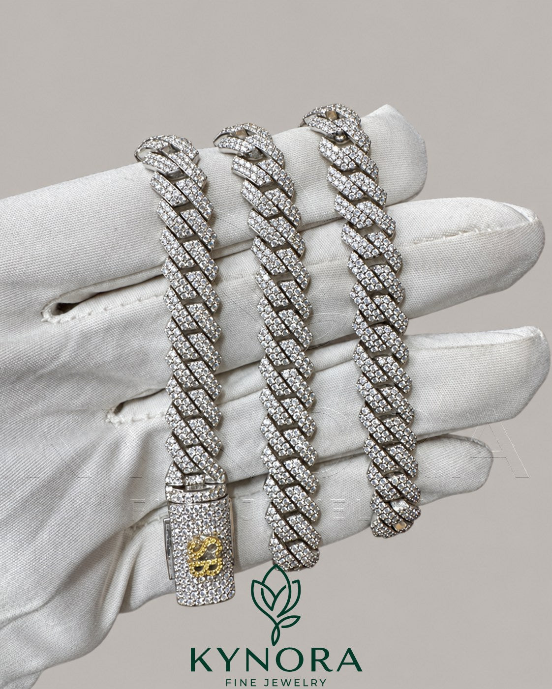 Kynora Jewels 18-inch sterling silver Miami Cuban link chain with 10mm VVS Moissanite diamond accents, custom lock style.