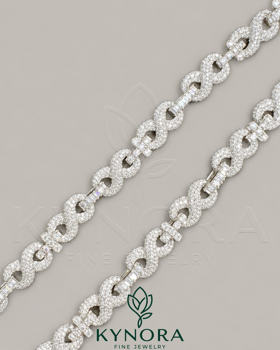 Kynora Jewels 10mm VVS Moissanite diamond infinity and cross design Cuban chain in 925 silver, hip-hop style jewelry.