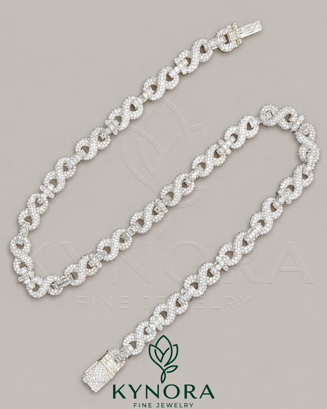 Sterling silver hip-hop chain featuring 10mm VVS moissanite diamonds with infinity and cross pendants, by Kynora Jewels.