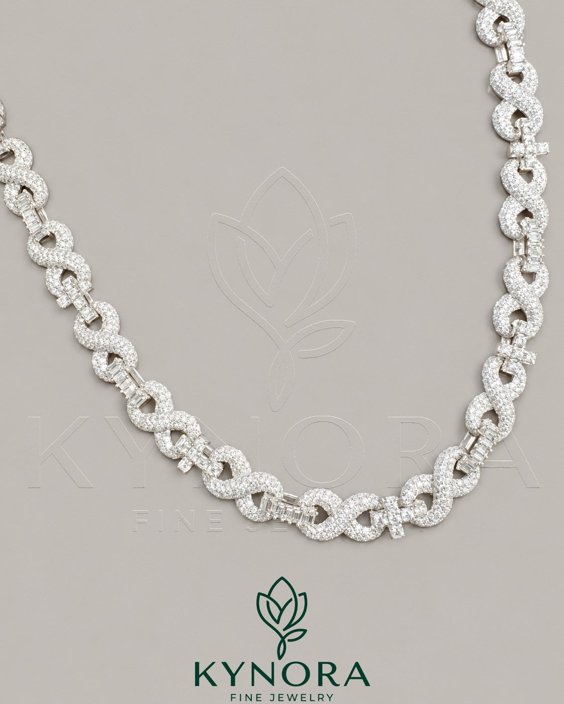 Kynora Jewels 10mm VVS Moissanite diamond infinity and cross design Cuban chain in 925 silver, hiphop jewelry style.