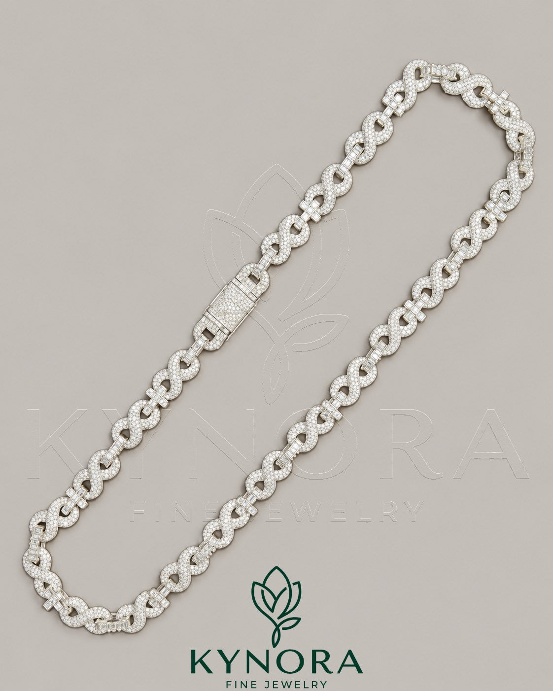Kynora Jewels 10mm VVS Moissanite diamond infinity and cross pendant on silver Cuban chain, hip-hop jewelry style.